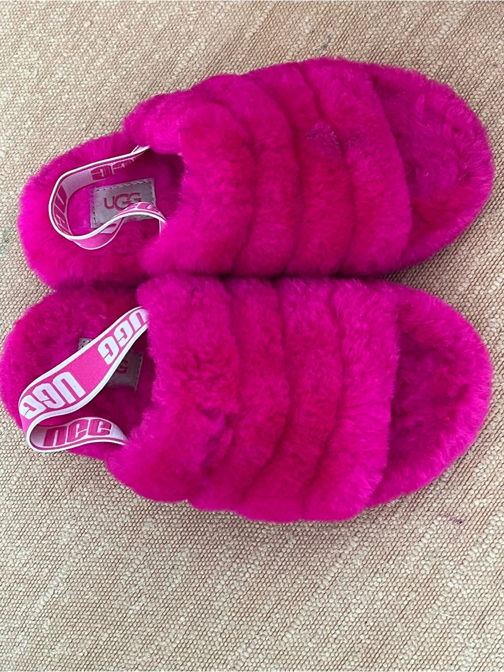 UGG Hot Pink Fluffy Slide Sandals with Branded Heel Strap
